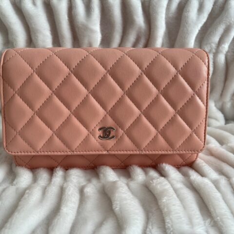 Chanel Coral Pink Lambskin Silver-Tone Metal Classic Wallet on Chain